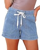 luvamia Denim Shorts Women High Waisted Elastic Waist Beach Jorts Concert Outfits High Rise Jean Shorts for Women Lakeside Blue Size Small US 4 to 6