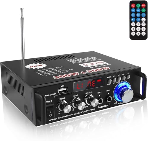 GMK Amplificador de Audio, Amplificador de Potencia Bluetooth 5.0, 300W + 300W Receptor de Sonido de Doble Canal/USB, Componentes de Audio para Cine en Casa y...