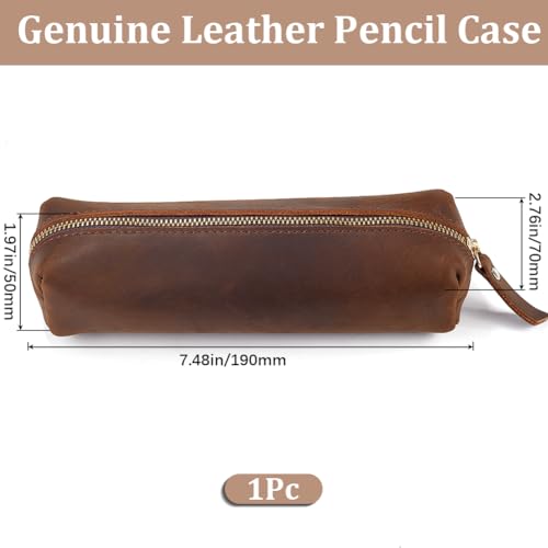 GORGECRAFT Crazy Horse Leather Pen Case Large Capacity Genuine Leather Pencil Pouch Big Zippered Pencil Bag Vintage Cosmetic Holders Organizer for Men Women Pens Home Office Practical Gift - Image 2