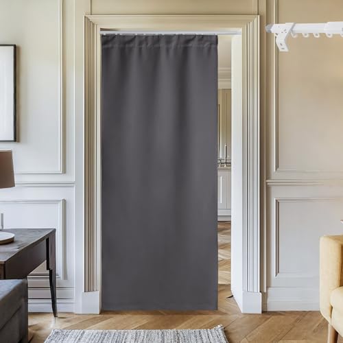 NICETOWN Door Curtain with Adjustable Ceiling Track, Blackout French Door Curtain for Doorway/Bay, W34 x L 80" Thermal Insulated Privacy Protection Drape for Living Room/Bedrrom, Grey, 1 Panel