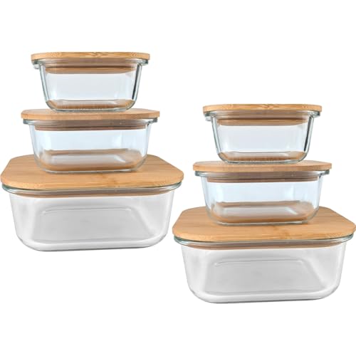 ideoon Vorratsdosen mit Deckel (6er-Set) aus Glas & Bambus – Vorratsgläser mit Aromaschutz-Dichtung in 3 Grössen für die Küche