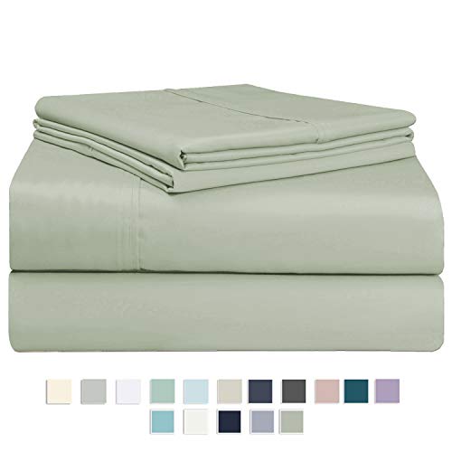 Pizuna 400 Thread Count Cotton King Sheets Set Light Sage, 100% Long Staple Combed Cotton Soft Sateen Bed Sheets with Stylish 4 inch Hem, fit Upto 15 inch Deep Pocket (Green King 100% Cotton Sheets)