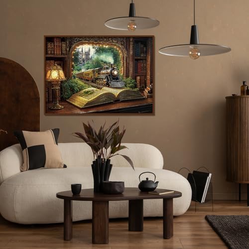 Rompecabezas BBOLDIN Tren Bosque Libro 1000 piezas para adultos, Puzzle vintage mágico de plantas, castillo, estantería de fantasía, naturaleza y árboles miniatura 6