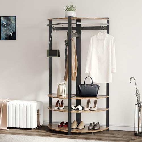 GarveeHome Corner Coat Rack With Shoe Bench for Entryway, Hall Tree With 6 Double Hooks, Clothes Rack With Storage and Organizer Shelf for Hallway, Closet