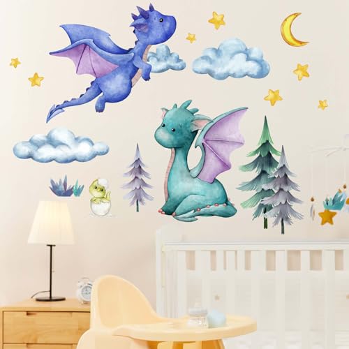 Image of Amimagen Baby Dragon Wall Stickers - Star Moon Dragon Eggs Wall Decals - Baby Bedroom Boys Nursery Kids Room Daycare Wall Decor