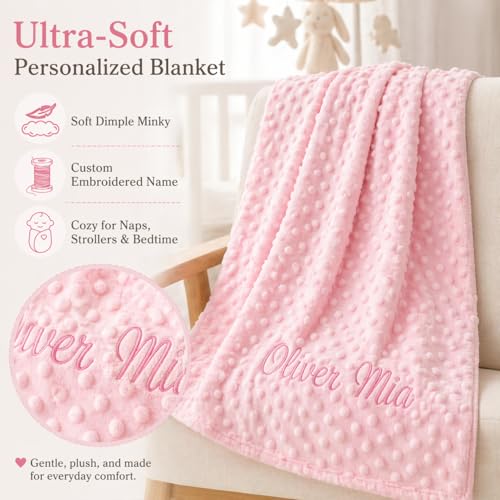Image of Personalized Baby Blanket with Bunny Set for Baby Girl Gift | Custom Baby Blanket with Name, Customized Blankets & Rabbit Gift Set for Birthday, Flannel Dot Swaddle for Baby Shower Gifts