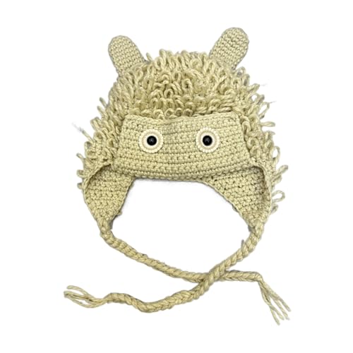 Women Cartoon Eyes Knit Ear Muff Hat for Skiing Hiking Lady Windproof with Braid Ear Flap Beige