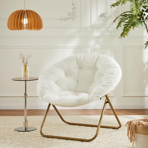Image of Simple Deluxe Saucer Chair, Round Foldable Reading Chairs, X-Large Size Cozy Papasan Chair, Comfy Furry Padded Moon Chair, Round Dorm Chairs for Bedroom Living Room, White