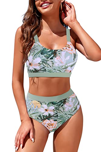 Image of Womens High Waisted Bikini Sets Sporty Crop Top Color Block Swimwear Bandeau Scoop Neck Vintage Two Piece Bathing Suits