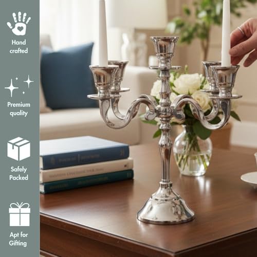 Image of Aluminum Metal 5-Arm 8inch German Silver Candelabra for Dining Table | Vintage Candle Stand for Romantic Dinner, Home & Wedding Decor