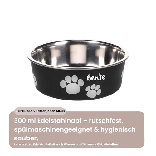 Hundenapf personalisiert aus Edelstahl XS 300 ml schwarz – Katzennapf – rutschfest, leicht & hygienisch – Futter- & Wassernapf mit Namen für kleine Hunde & Katzen