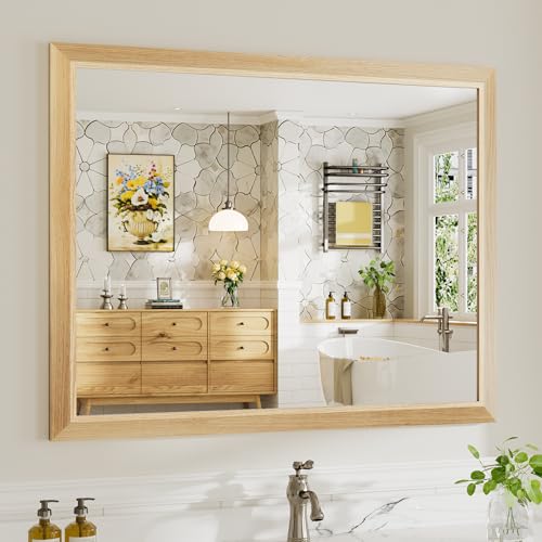 Image of 40x32 Inch Bathroom Mirror for Wall, Anti-Rust Oak Wood Grain Metal Framed Bathroom Mirrors for Over Sink,Rectangler Mirrors for Bathroom Vanity, Farmhouse, Bedroom, Living Room, Entryway Decor
