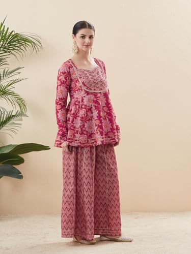 Image of MOKOSH Women's Cotton Printed Peplum Kurta Sharara Set with Dupatta | Ethnic wear| 3 Piece Outfit | Floral Printed | Square Neck