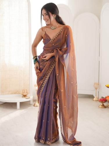 Image of AKHILAM Women's Shimmer Tissue Embroidered Saree With Unstitched Blouse Piece