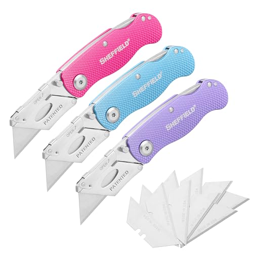 Image of Sheffield Lock Back Utility Knife 3 Pack with 10 Utility Knife Blades | Box Cutter with Aluminum Texture Grip Handle, Features Pocket Clip, Patented Quick Change Utility Blade Mechanism
