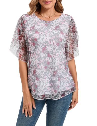 Timuspo Chiffon Bluse Elegant Halbärmel Festliches Oberteil Große Größen Shirt mit Schößchen Damen Business Kurzarm Lässige Tops Blumen Schwarz XXL