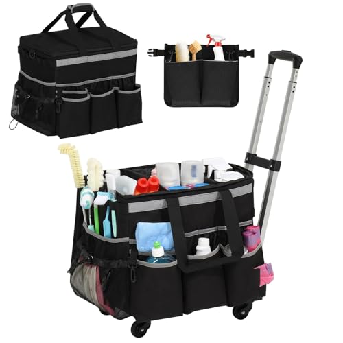 OUDUCK Rolling Cleaning Caddy, Cleaning Caddy Bag with Tool Waist Bag Belt, Large Cleaning Supplies Organizer with Handles and Shoulder Strap for Cleaners Housekeepers, Black