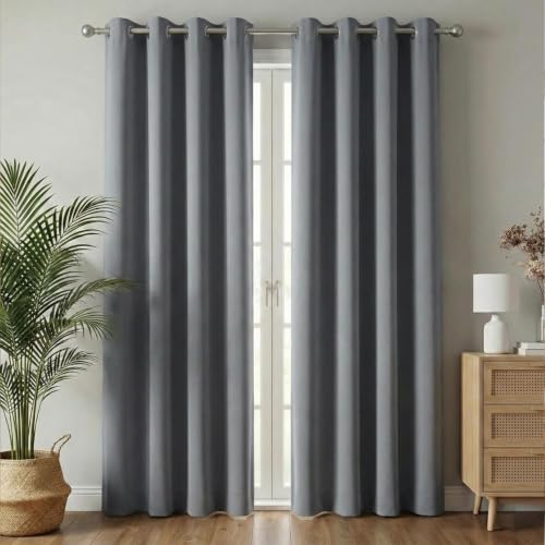 Image of Blackout Door Curtains, 100% Room Darkening | 7 Feet |Set of 2| Faux Silk Drapes|Thermal Insulated & Noise Reducing for Living Room and Bedroom|115cmx210cm,Color-Grey