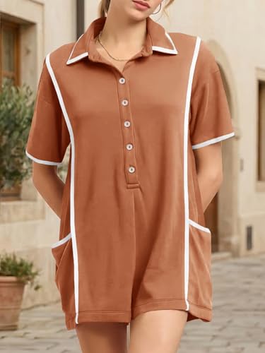 Fisoew Womens Casual Rompers Summer Short Sleeve Polo V Neck Button Down Loose Fit Short Jumpsuits Outfits with Pockets — view 2