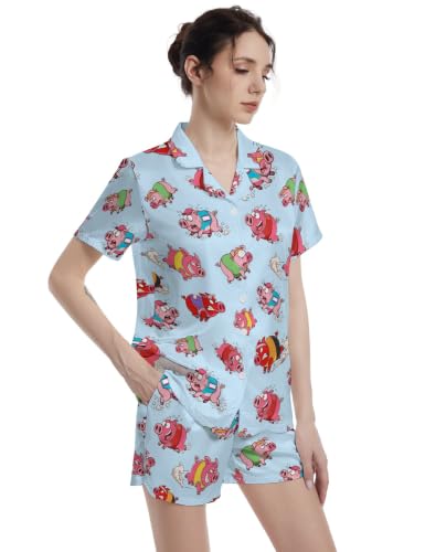 Image of Funny Pajamas for Women Set Print Satin Loungewear Pjs Short Sleeve Button Down Top and Shorts Sets Sleepwear XS-3XL