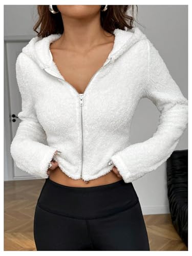 GORGLITTER Women's Teddy Cropped Hoodie Jackets Fuzzy Zip Up Lightweight Long Sleeve Crop Hooded Sweatshirts3