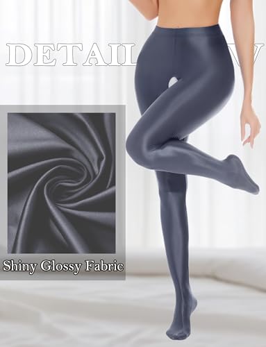 Image of FEOYA Women's Open Crotch Oil Shiny Pantyhose High Waist Control Top Silky Oily Crotchless Footed Tights Stockings