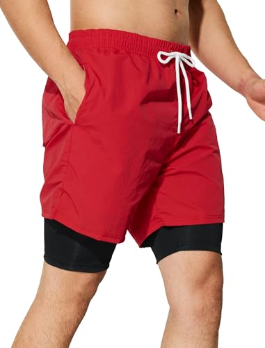 Mens Swim Trunks with Compression Liner 5 inch Inseam Quick Dry Bathing Suit 2 in 1 Board Shorts3