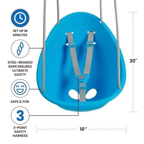 Image of Swurfer Coconut - Your Child's First Swing with Blister Free Rope and 3-Point Safety Harness - Indoor and Outdoor - Swing for Babies and Toddlers - Ages 9 + Months - Up to 50 lbs, Blue