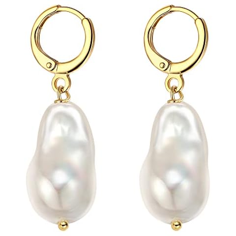 14k Gold Small Hoop Earrings Baroque Pearl Earrings for Women Pearl Drop Dangle Earrings Gold Hoop Earrings for Women Cover