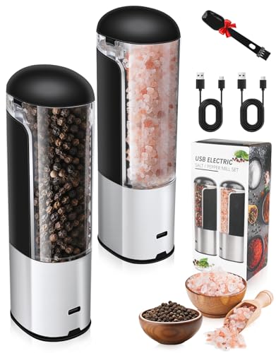 電動ソルトアンドペッパーグラインダーセット 充電式 USB用 自動調節可能な重力ペッパーミル スパイスグラインダー キッチンで詰め替え可能 塩コショウシェイカーセット 容量80ml ブラック 2個