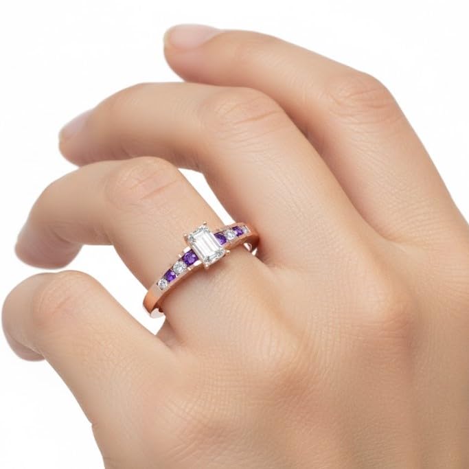 Image of 55Carat Choose Your Gemstone Diamond CZ Graduated Accent Ring Rose Gold Plated Emerald Shape Petite Engagement Rings Everyday Jewelry Wedding Jewelry Handmade Gifts for Wife US Size 4 to 12