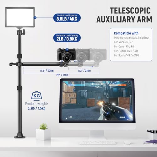 Image of NEEWER TL253A+DS001 Table Camera Tripod with 2 Section Arm | Phone Holder, Ball Heads, Screw Adapter, Table Light Stand for Camera, Mobile Phone, Webcam, Ring Light