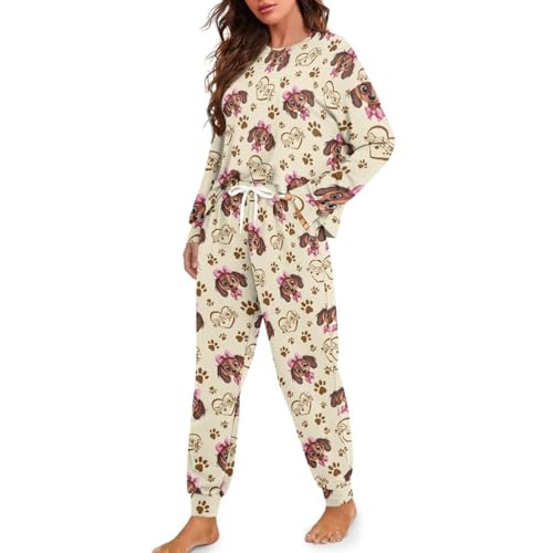 Image of Dachshund Paw Print Women's Pajama Sets Long Sleeve Sleepwear with Long Pants Crew Neck Nightwear with Pocket Loose Fits Loungewear, L