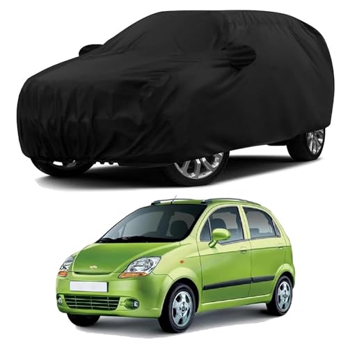 Sulfar 100% Water Resistant Car Body Cover Compatible with Mirror & Antenna Pockets for Chevrolet Spark (Triple Stitched, Full Bottom Elastic, Black)
