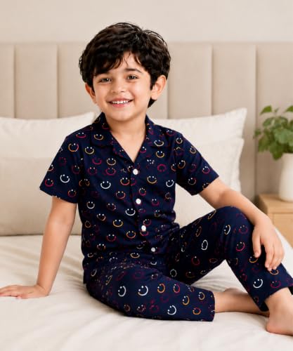 Image of 3BROS Unisex Pure Cotton Short Sleeve Kids Night Dress for Boys & Girls Nightwear /Sleepsuit /Sleepwear /Loungewear Night Suit for Boys and Girls Top and Pyjama Combo Set