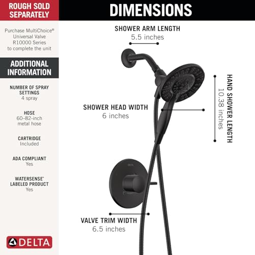 Image of Delta Albion 14 Series Matte Black Shower Faucet Set with In2ition 2-in-1 Dual Shower Head with HandHeld Spray Combo, Valve Trim Kit, Matte Black T142855-BL-I (Valve Not Included)