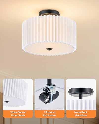 Image of VONLUCE Semi-Flush Mount Ceiling Light 12.2 inch, 2-Light Drum Light Fixture | White Pleated Shade with E26 Sockets, Light Fixture for Nursery, Bedroom, Entryway, Hallway, Black Finish, ETL Certified