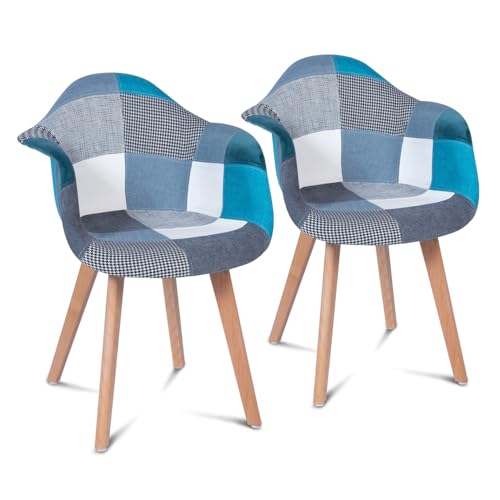 IDMarket - Lot de 2 chaises de Salle à Manger scandinaves, fauteuils de Table SARA Motifs patchworks Bleus