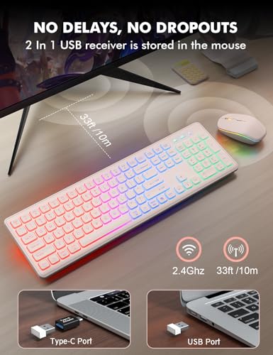 Image of Wireless Keyboard and Mouse Combo, RGB Backlit, Rechargeable & Light Up Letters, Full-Size, Soft Typing, Sleep Mode, 2.4GHz Quiet Keyboard Set for Mac, Windows, Laptop, PC, Trueque (Pink)