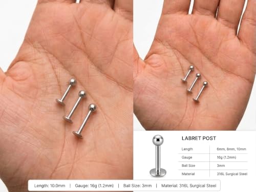 Image of Monster Piercing G23 Titanium Labret Stud, Internally Threaded, Plain Ball Top, Flat Back, 16G, 6mm /8mm /10mm - Sold as single piece