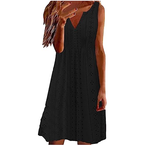 Vestido corto de verano para mujer, sin mangas, cuello en V, liso, casual, sexy, bohemio, vestido de playa, ajuste holgado, bordado, con ojales, talla grande, vestido de moda, 01 Negro, S