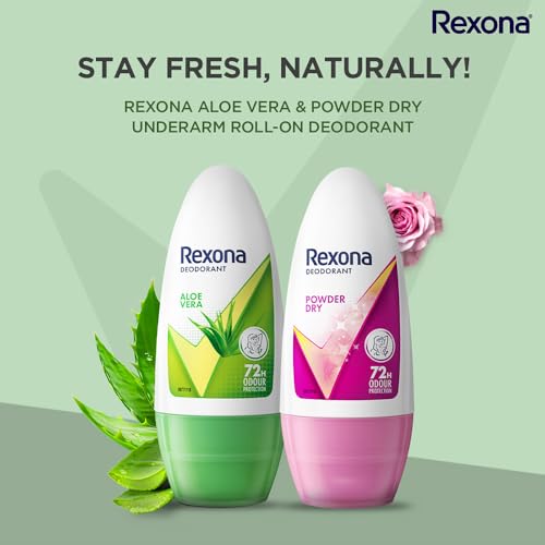 Image of Rexona Aloe Vera Underarm Roll On Deodorant For Women, Antiperspirant, Removes Odour, Keeps Skin Fresh & Clean, Alcohol Free, Skin Friendly, 50 ml pack of 2