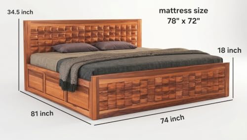 Image of Solid Sheesham Wood King Size Bed with Storage|Wooden Box Bed King Size Double Cot Bed with Storage Box for Home,Bedroom,Hotel,Living Room|3D Diamond Carved Design Headboard|Honey Finish