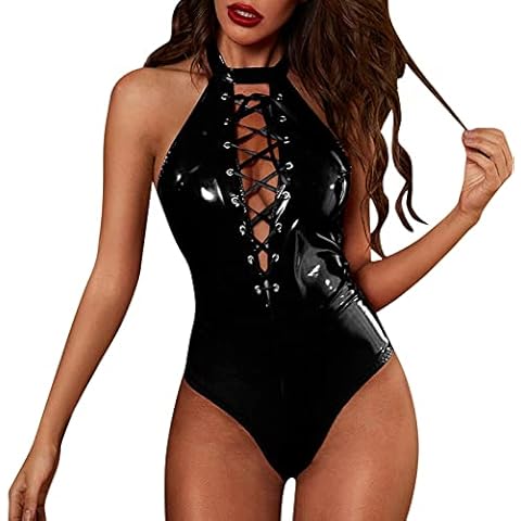JAXICH Lingerie Push up for Women High Grade Sexy Lingerie Sling Tght Leather Coat Paint Leather Nightclub Pole Dance Performance Dress Vintage Lingerie Plus Size Sale Clearance Black Cover