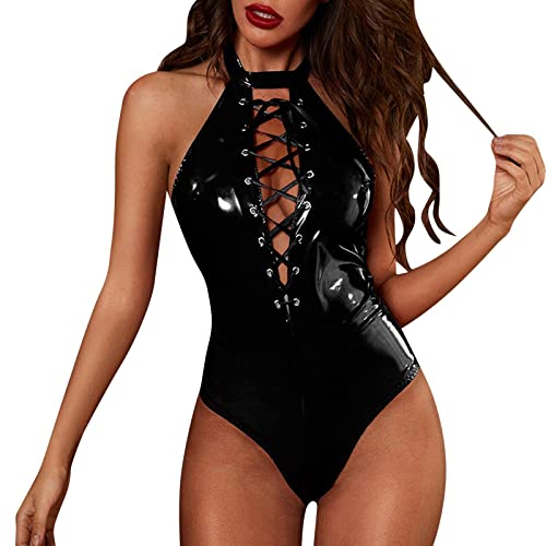 Conjunto Sexydonna Hard Erótico Lencería Erótica de Mujer Lencería Sexy de Piel Body Piel Lacada Wetlook Bodycon Clubwear Wetlook Wetlook Manga Larga Clubwear Bodysuit, Negro , XL