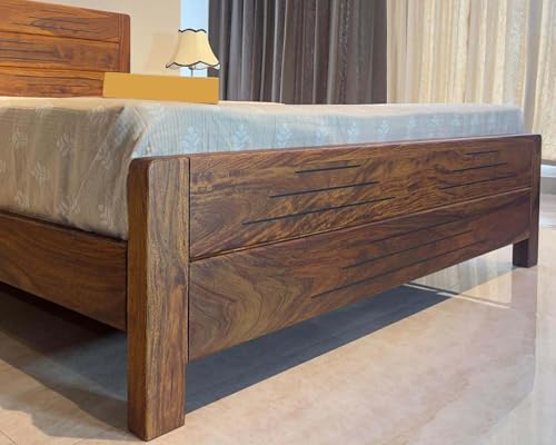 Image of Sheesham Wood Bed Without Storage, Solid Wood in Natural Finish, Modern Design | Queen Size - Mattress Size (78 inchx60 inch) | Bedroom Furniture | Without Mattress & Side Tables | Low Highted