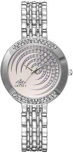 Damenuhr Quarz-Armbanduhr mit rundem Zifferblatt eingelegt fünf Kreise Strass Bling Uhr mit Schnalle Armband für Elegante Frauen, Silber