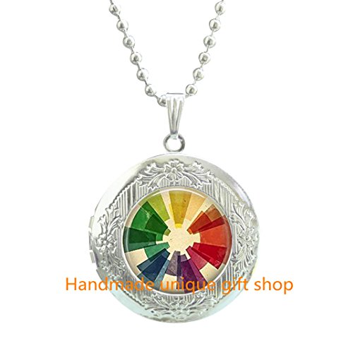 Dainty Locket Necklace, Delicate Locket Necklace?Vintage Color Wheel Locket Pendant Locket Necklace Colorful Geometric Jewelry Artist Gift