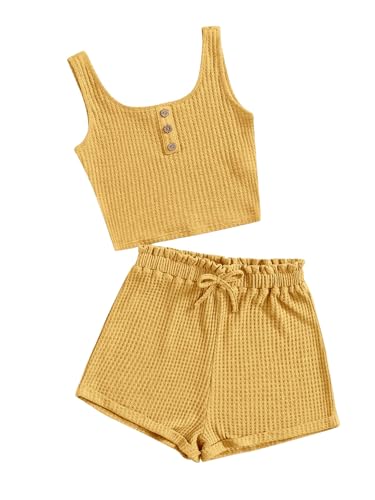 Image of RoseSeek Girl's 2 Piece Outfits Waffle Knit Scoop Neck Button Down Crop Tank Tops Paperbag Waist Track Shorts