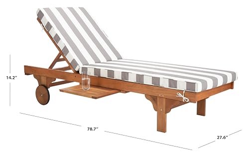 Image of SAFAVIEH Outdoor Collection Newport Natural / Grey & White Stripe Cushion Built-in Side Table Adjustable Chaise Lounge Chair
